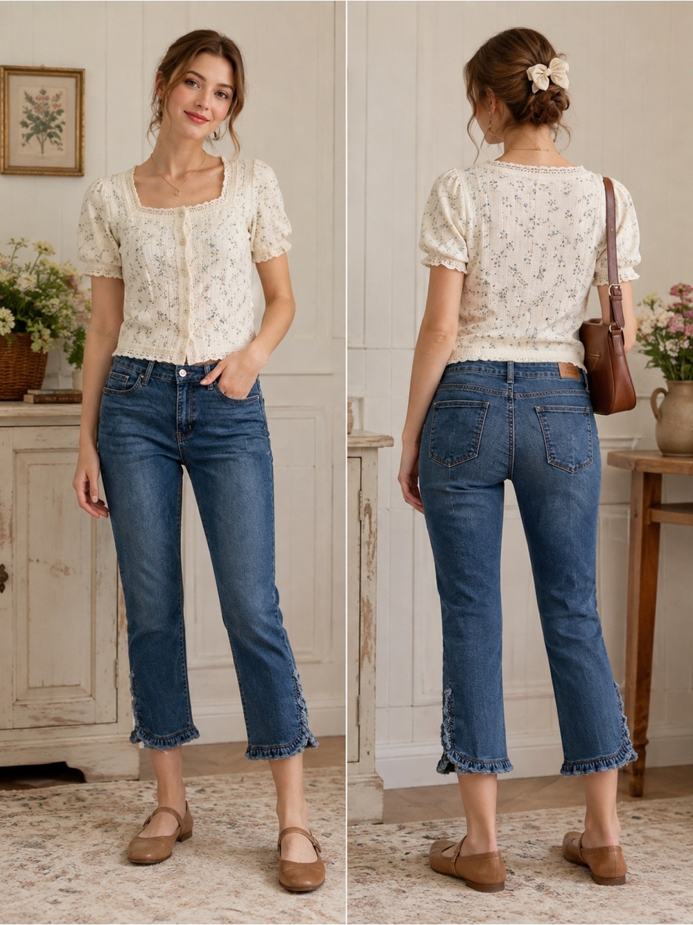 crown & ivy Blue  Cropped Frayed Ankle Preppy Lite Cottagecore Feminine Jeans 12